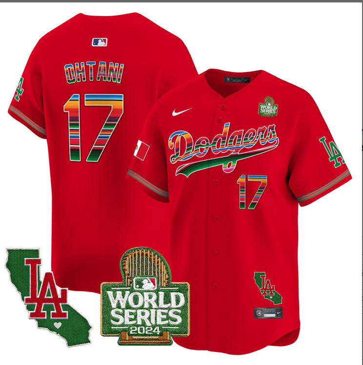Men MLB Mexico Los Angeles Dodgers #17 Ohtani red 2024 World Series Champions Patch Jersey 20241105->los angeles dodgers->MLB Jersey